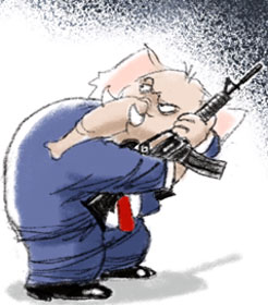 Republican elephant clutching assault weapon, from cartoon by Pat Bagley in the Salt Lake Tribune