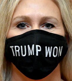 Marjorie Taylor Greene in "Trump won" mask