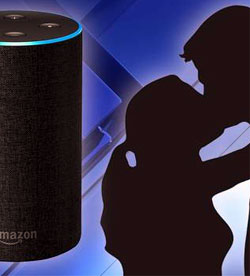Couple kissing next to Amazon Echo device