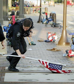 Cop lifting flag