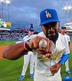 Teoscar Hernandez showing off LA Dodgers World Series ring