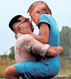 Kim Jong Un and Donald Trump embracing