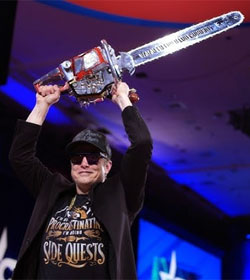 Elon Musk wielding chainsaw