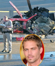 Paul Walker, R.I.P. (inset) with wrecked Porsche Carerra GT
