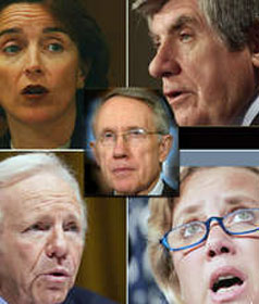Though the majority of Americans support a publicly run insurance plan option, the Senate has dropped it from the healthcare bill due to opposition from (clockwise from left) Senators Lincoln (D-AR), Nelson (D-NE), Landrieu (D-LA) and Liebermann (I-CT). Senate Majority Leader Harry Reid (D-NV, shown center) needs 60 votes to pass the bill.