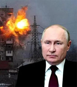 Vladimir Putin superimposed on missile strike of apartment building in Mariupol, Ukraine