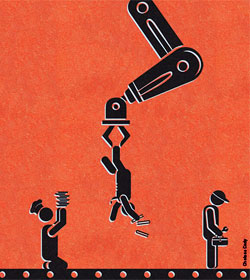 Robot taking job (Illustration by Chelsea Cody for Investors Business Daily)