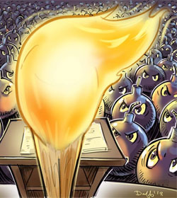 Trump as a flaming match addressing a crowd of bombs, in a cartoon by Duff