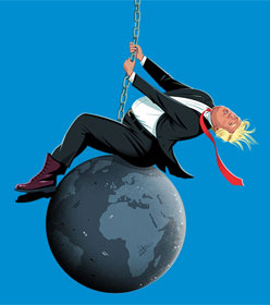 Donald Trump on a global wrecking ball, by Ben Kirchner